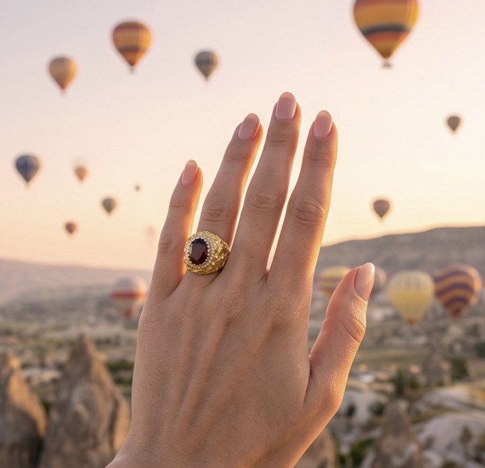 Empress of Love 24.6 ctw Mozambique Ruby .925 Sterling Silver dipped in 22K Gold handcrafted Statement Ring size 9 - Worn on hand with hot air balloons in the background