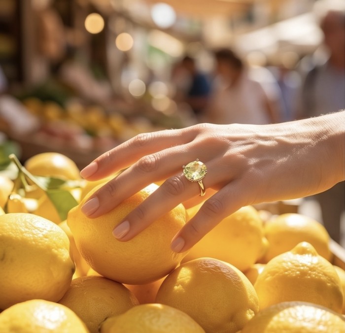 Solid 8.8 carat Genuine Lemon Quartz 18K Gold over .925 Sterling Silver handcrafted ring size 6 - Lemon Quartz ring worn on hand, selecting lemons at market.