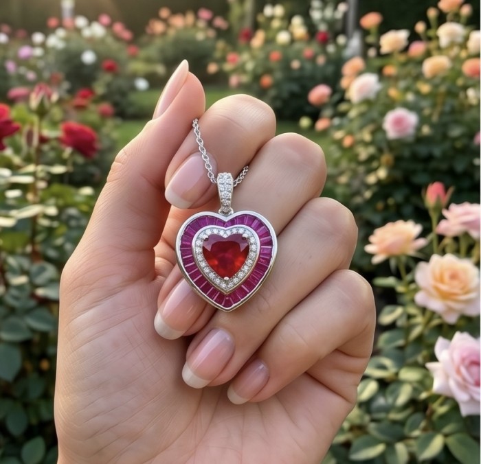 Art deco - My Sweet Heart Natural 4.8 carat Mozambique Ruby .925 Sterling Silver Handcrafted pendant - Heart-shaped ruby pendant held against a garden background.