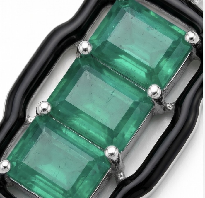 Art Deco 8.2 carat Colombian Emerald .925 Sterling Silver handcrafted Statement earrings - Close-up of Art Deco Colombian Emeralds in sterling silver setting.