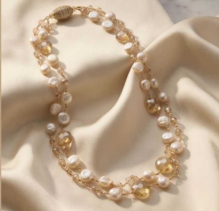 Rainbow Cascade Precious natural Blister Pearl 10K Gold over .925 Sterling Silver Necklace - Pearl and gold necklace on silk fabric, showcasing bead arrangement.