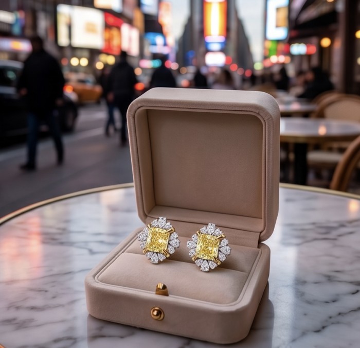 Art Deco - Luxurious baguette cut 10.9 carat Yellow Sapphire 2 tones 22K Gold .925 Sterling Silver handcrafted earrings - Yellow sapphire earrings in velvet box on marble table, city background.