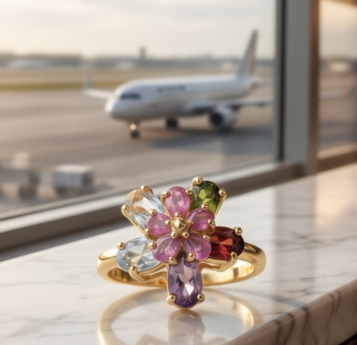 4.8 carat Brazilian Tourmaline .925 Sterling Silver dipped in 18K Gold Perfectly handcrafted Ring s. 8 - Flower-shaped multicolor gemstone ring on marble with airplane background