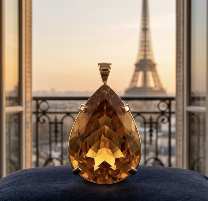 Oval cut 37.3 carat Lemon Quartz 22K Gold over .925 Sterling Silver handcrafted pendant - Close-up of a 37.3 carat lemon quartz pendant with Eiffel Tower in background.