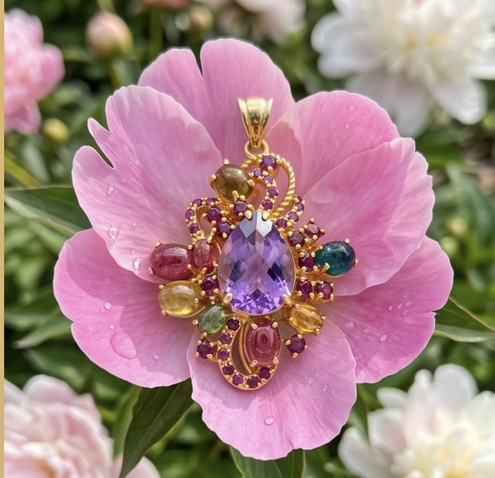 Divine Protection 25.8 carat Precious Amethyst .925 Sterling Silver dipped in 18K Gold handcarfted Pendant - Pendant with amethyst and gems on pink flower, close-up view.