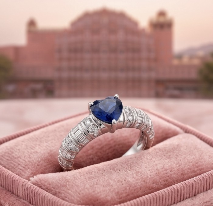 Love is Forever HEART cut 1.8 carat Sapphire .925 Sterling Silver handcrafted Cocktail Ring s. 8 - Side view of heart-cut sapphire ring on pink velvet box.