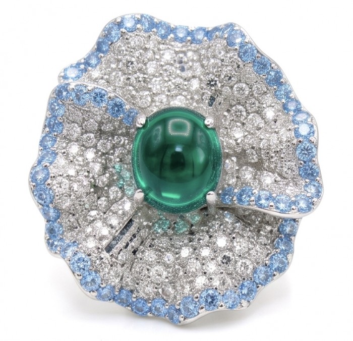Exotica 5.2 carat natural Emerald rhodium over .925 Sterling Silver Perfectly handcrafted Ring s. 6 - Emerald flower brooch, top view, with blue and clear gemstones detailing.