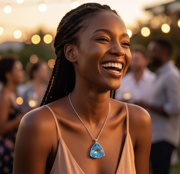 Trillion cut 28.5 carat Vintage style Swiss Blue Topaz .925 Sterling Silver DIPPED IN RHODIUM handmade Pendant - Woman wearing a trillion cut Swiss Blue Topaz necklace at sunset party.