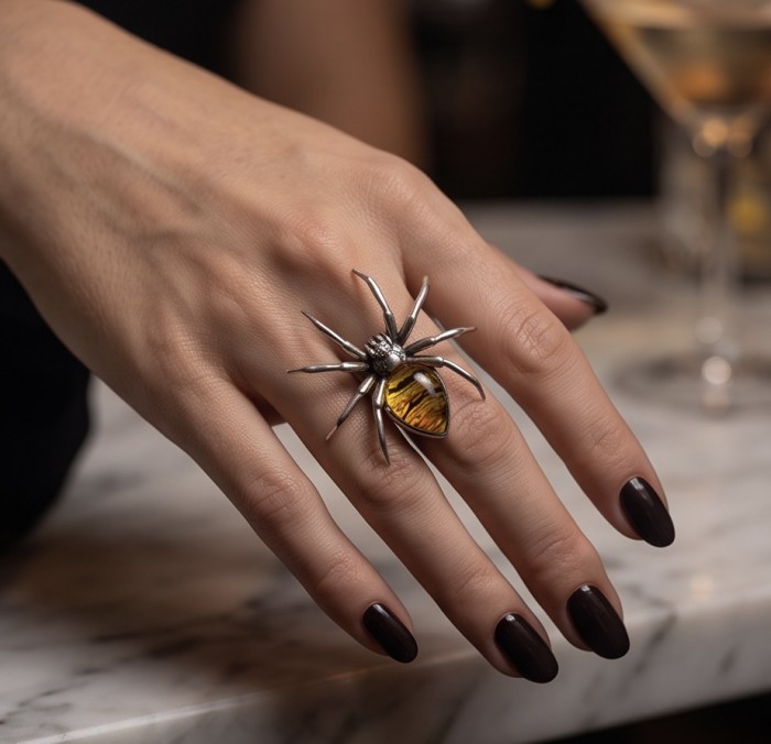LARGE Golden Spider Authentic Baltic Amber .925 Sterling Silver handcrafted ring; s. 7 adjustable - Spider-shaped amber ring on hand, front view, dark nails.