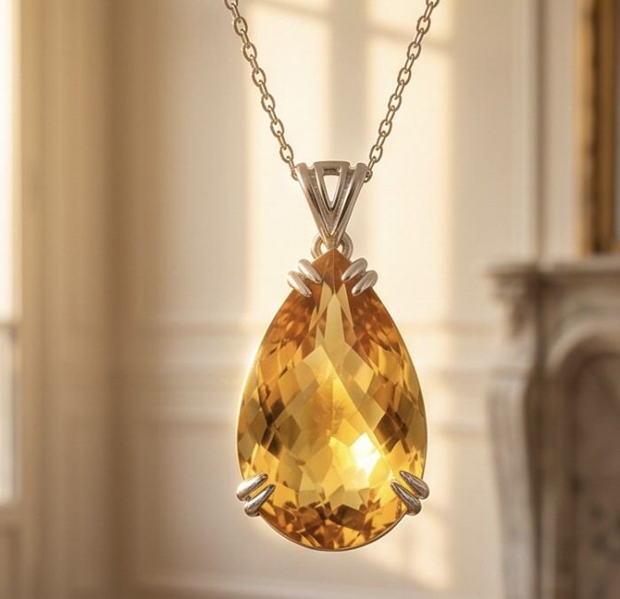 Luxury genuine 22.7 CARAT pear fancy cut Champagne Topaz .925 Sterling Silver handmade Pendant - Close-up of pear-cut Champagne Topaz pendant with gold chain.