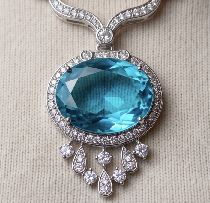 A Wild Ocean genuine 27.4 carat Paraiba Tourmaline .925 Sterling Silver handmade Statement necklace - Close-up of Wild Ocean Paraiba Tourmaline pendant with diamonds