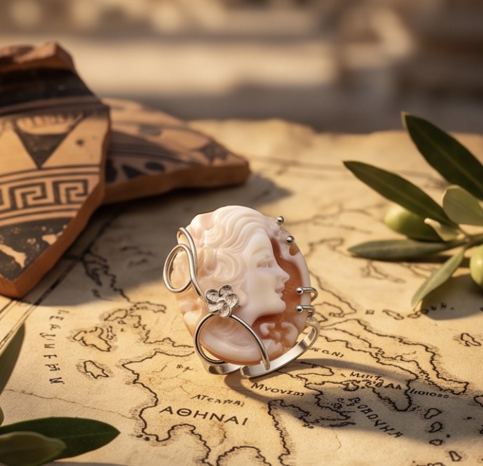 Exquisite oval Cameo real carved Ocean Shell .925 Sterling Silver handcrafted Made in Italy Statement ring; s. 7 ADJUSTABLE - Exquisite cameo brooch on antique map with pottery shard and leaves.