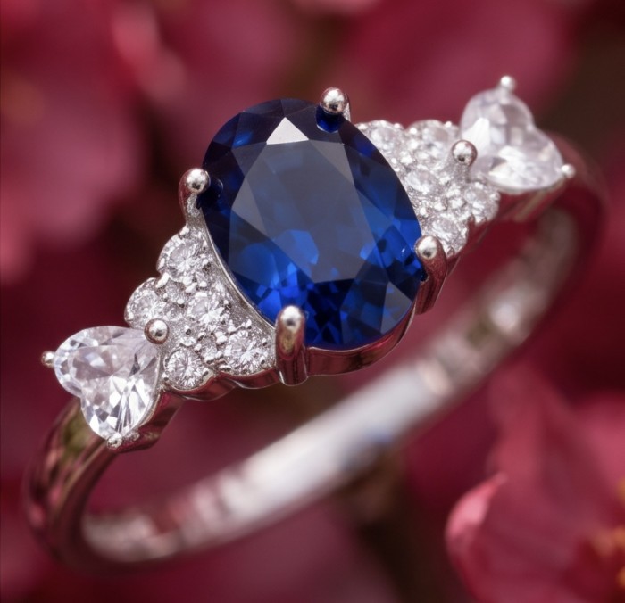 Stella emerald cut 1.5 carat Sapphire .925 Sterling Silver handmade Statement ring size 8 - Close-up of sapphire ring with diamond accents on sterling silver band.