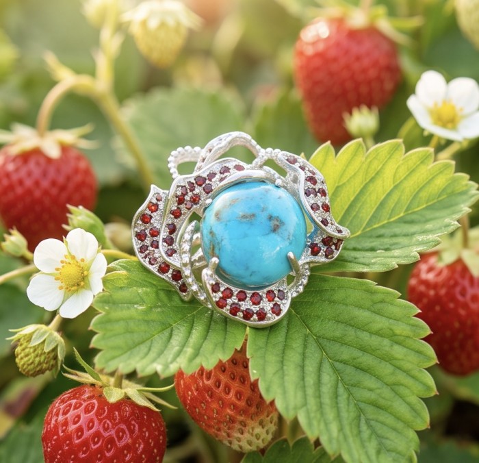 Serenity 10.4 carat real Turquoise .925 Sterling Silver handmade Statement Ring size 8 - Turquoise ring on strawberry leaves, front view with detailed setting.