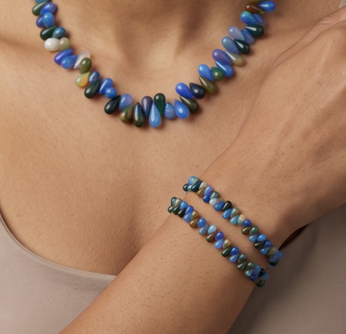 Sublime Brilliance Authentic Black Opal .925 Sterling Silver handcrafted bracelet - Black Opal Necklace and Bracelets Worn on Model