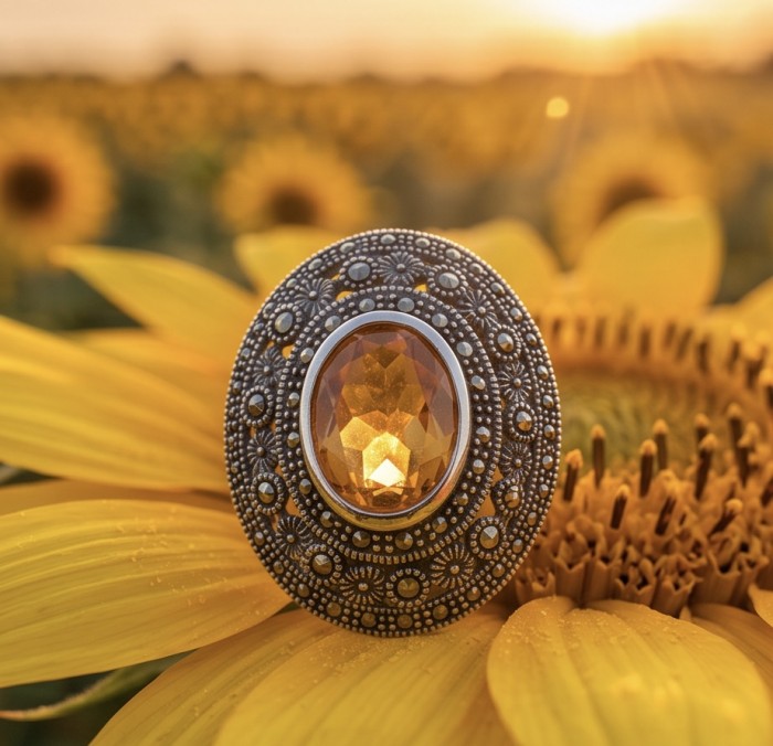 Authentic oval cut 7.2 carat Golden Topaz rhodium over .925 Sterling Silver ring s. 6 - Close-up of 7.2 carat Golden Topaz ring on a sunflower in sunset light.