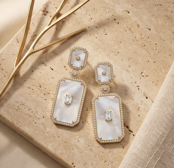 Genuine Blister Pearl lab grown Diamond 18K Gold over .925 Sterling Silver handcrafted Large Statement Earrings - Elegant earrings with pearls and diamonds on a stone background.
