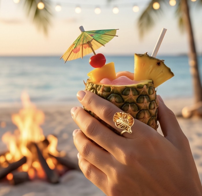 Golden Leaf Authentic Golden carved Baltic Amber .925 Sterling Silver entirely handcrafted ring; s. 6 adjustable - Golden Leaf ring with amber worn on hand, beach background.