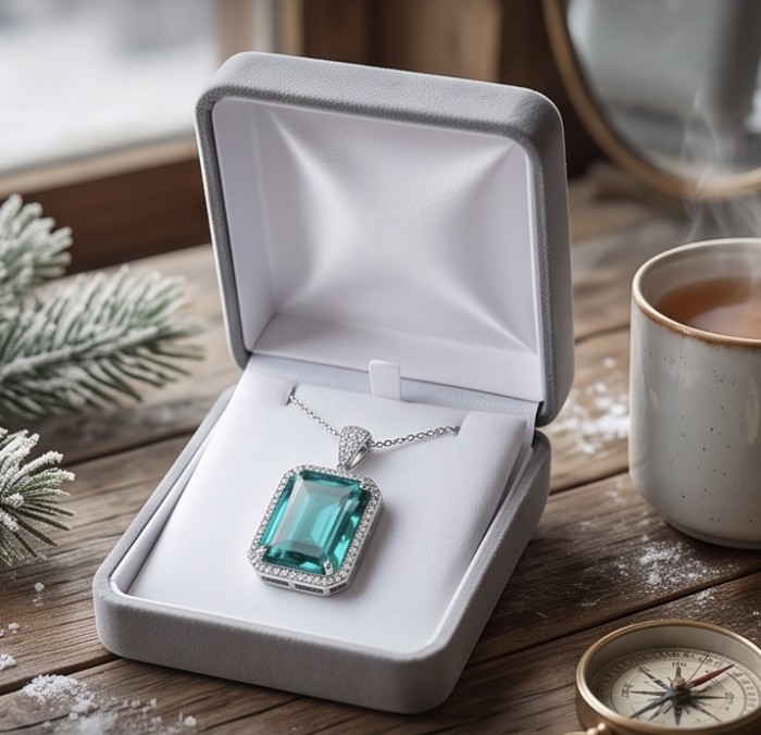 Elizabeth Pedra Azul baquette cut 39.5 carat Aquamarine .925 Sterling Silver handcrafted Statement Necklace - Aquamarine necklace in box, top view with winter background.