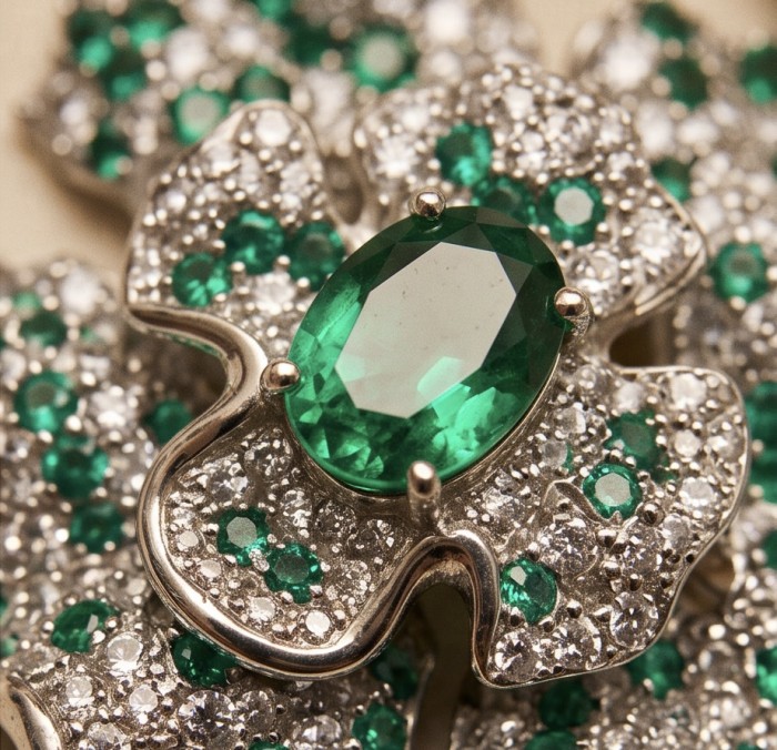 Spectacular - Floral design 8.8 carat Colombian Emerald .925 Sterling Silver dipped in rhodium handmade Statement Earrings - Emerald and diamond floral jewelry close-up, featuring 8.8 carat gem.