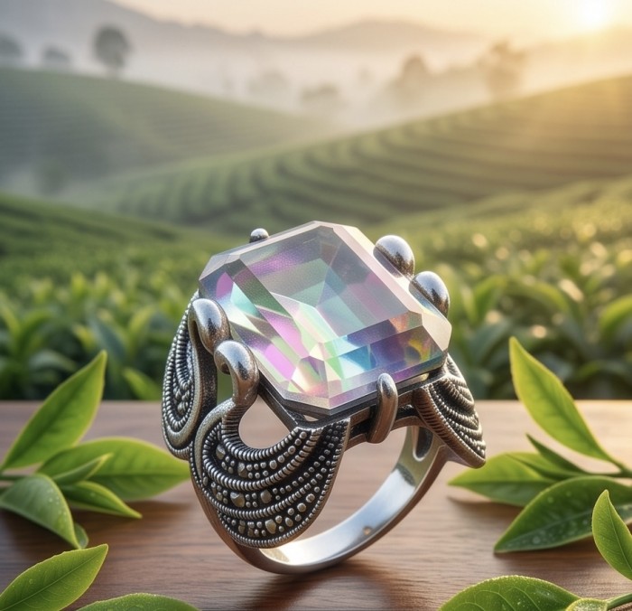 Two Swans Authentic 27.4 carat Mystc Topaz .925 Sterling Silver brilliantly handcrafted large Statement Ring size 8 - Close-up of two swans ring with mystic topaz in scenic background