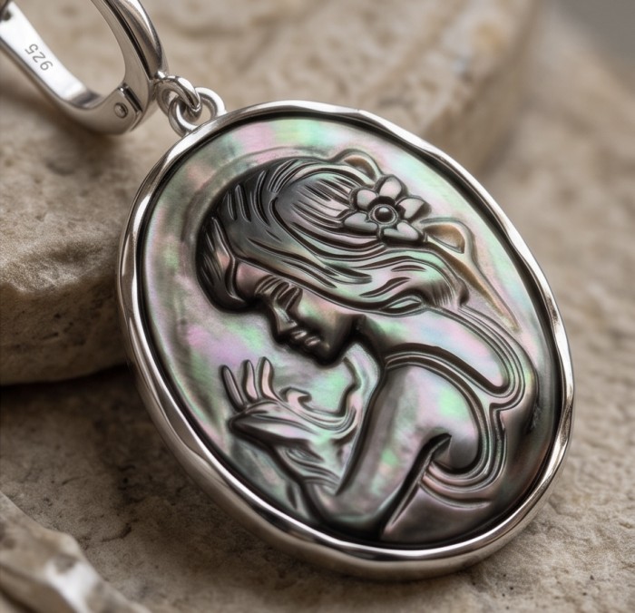 Vintage design Genuine Cameo Rainbow Abalone .925 Sterling Silver handcrafted Large Statement Earrings - Close-up of vintage rainbow abalone cameo pendant in sterling silver.