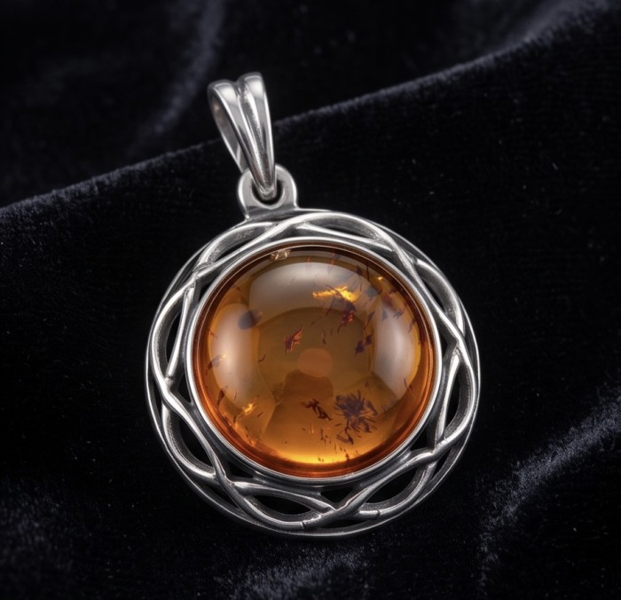 Prehistoric Authentic Baltic Amber .925 Sterling Silver beautifully handcrafted Pendant - Close-up of Baltic amber pendant in .925 sterling silver setting.
