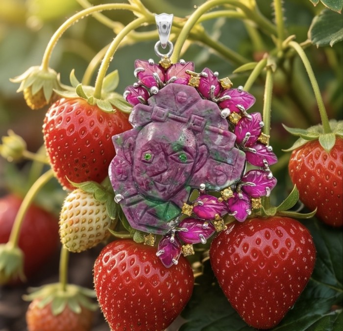 Picasso Carving 34ct Handmade Authentic best quality Ruby in Zoisite 14K Gold over .925 Sterling Silver Pendant - Pendant with Picasso carving among strawberries, front view.