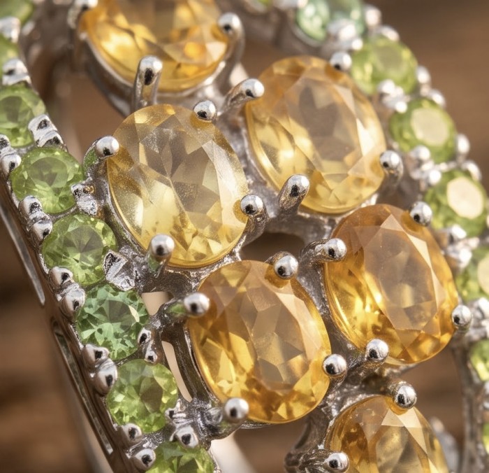 Giovanna - Authentic 12.9 carat Brazilian Citrine .925 Sterling Silver dipped in rhodium handcrafted earrings - Close-up of Brazilian Citrine ring with green accents.