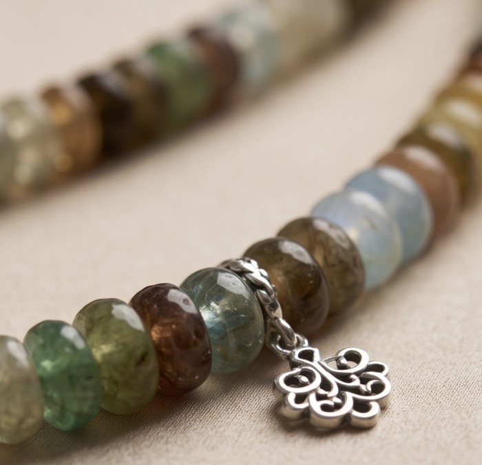 Peaceful Mind- Top quality 106.80 grams Natural Fluorite .925 Sterling Silver handcrafted 22 inches necklace - Close-up of natural fluorite beads with silver charm.