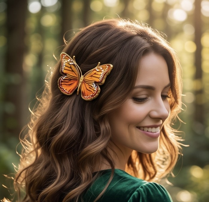 Golden Butterfly Authentic carved Baltic Amber 18K Gold over .925 Sterling Silver handcrafted pendant - Side view of golden butterfly Baltic amber hair accessory in sunlight
