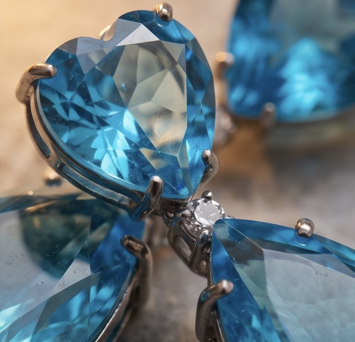 Divine Beauty 38.5 carat Aquamarine black rhodium over .925 Sterling Silver handcrafted Statement EARRINGS - Close-up of heart-shaped aquamarine stones in black rhodium setting.