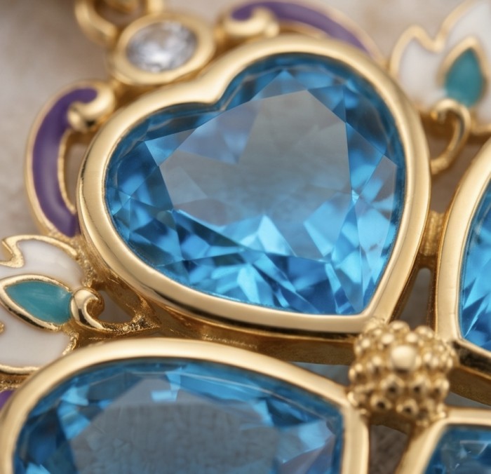Countless Blessings Genuine 28.5 carat Authentic Swiss Blue Topaz real enamel 22K Gold over .925 Sterling Silver handmade Pendant - Close-up of Countless Blessings pendant with blue heart-shaped stone.