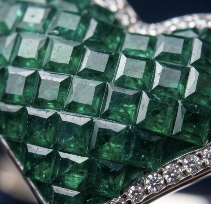 Heart Authentic MYSTIC SETTING 10.2 carat Colombian Emerald .925 Sterling Silver handcrafted Ring size 8 - Close-up of square-cut Colombian emeralds set in a heart design.