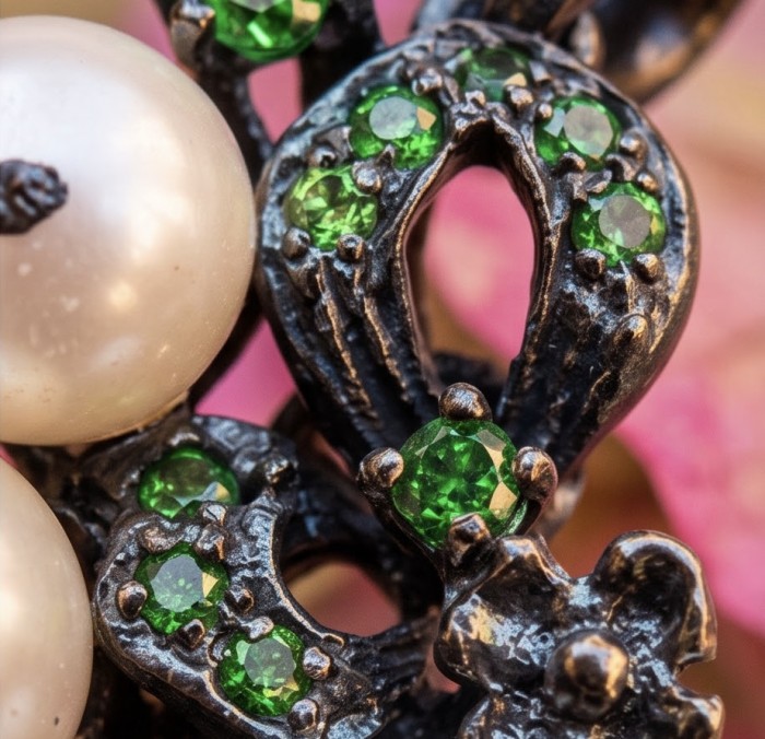 Tiffany - 7.8 carat Pearl Tanzanite Black RHODIUM over .925 Sterling Silver Handcrafted pendant - Close-up of green gemstones and pearl in black rhodium setting.