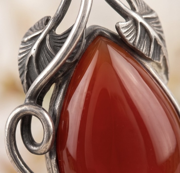 Sublime Orange Carnelian .925 Sterling Silver handmade earrings - Close-up of orange carnelian stone in ornate silver setting.