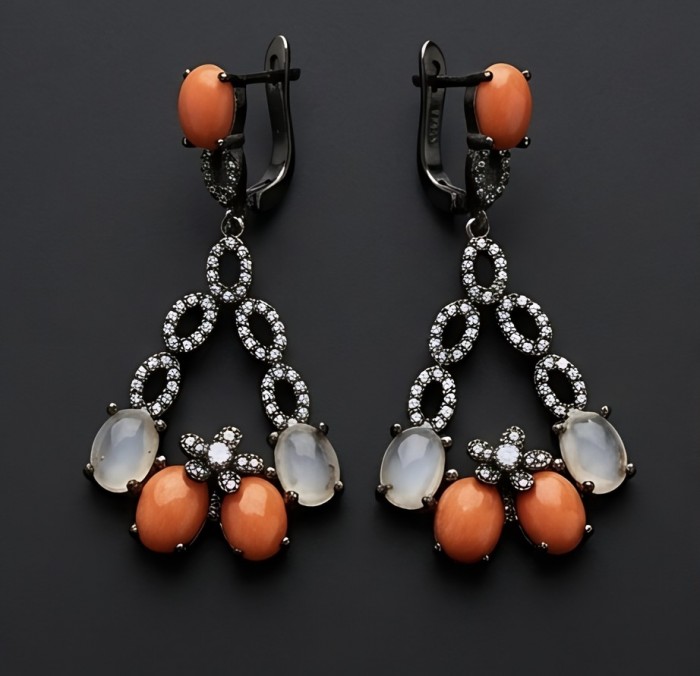 Queen of the Sea Genuine Orange Fossilized Coral black rhodium over .925 Sterling Silver handmade earrings - Elegant drop earrings with coral and gem details on black background