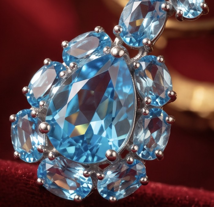 Atlantica 47.7 carat Swiss Blue Topaz .925 Sterling Silver dipped in Rhodium Handcrafted Statement earrings - Close-up of Atlantica 47.7 carat Swiss Blue Topaz in sterling silver.