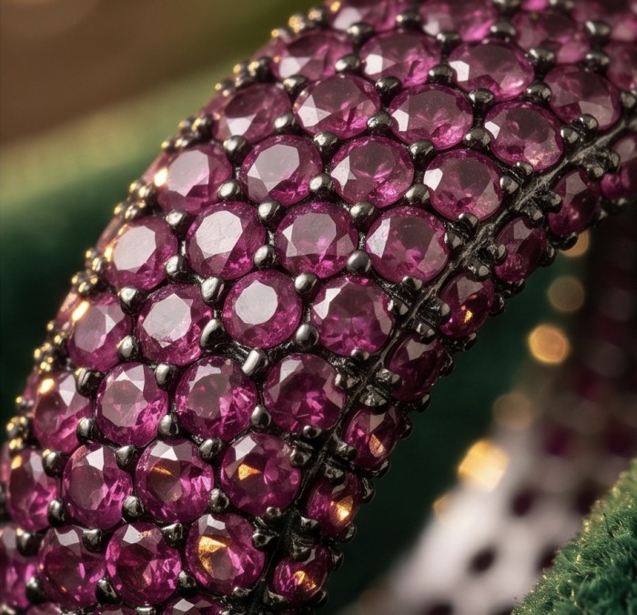 Giovanna 8.7 carat pave Kashmir Ruby .925 Sterling Silver handmade Statement Ring size 6 3/4 - Close-up of pave Kashmir ruby stones on sterling silver jewelry.