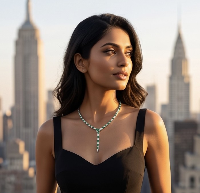 Snake - Iconic design - genuine INLAY MALACHITE .925 Sterling Silver dipped in Rhodium handcrafted Necklace - Woman wearing snake design malachite necklace, city skyline background.