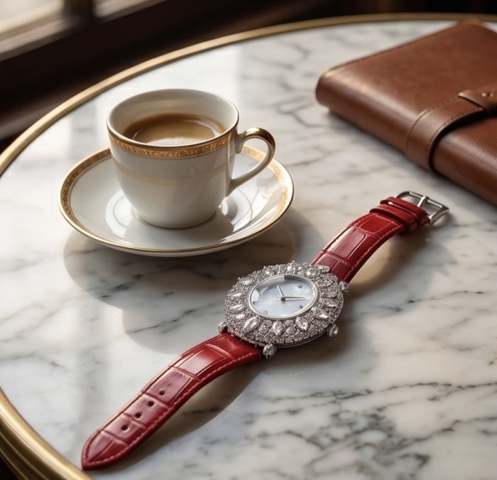 Precious 22.5 carat Authentic Moissanite Genuine red Leather strap .925 Sterling Silver handmade Watch - Watch with red leather strap and moissanite bezel on marble table with coffee.
