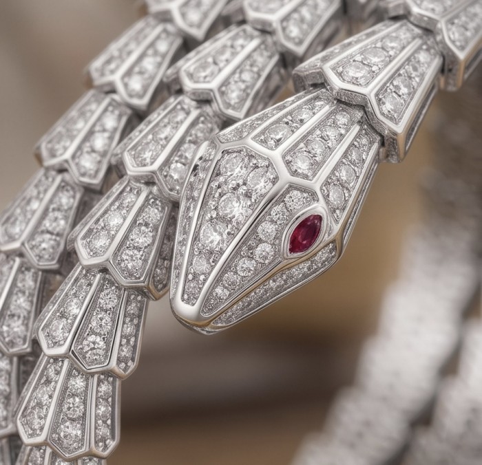 SERPENTINE Precious Snake Genuine 22.2 Moissanite 925 Sterling Silver handcrafted Bracelet - Close-up of diamond-encrusted snake jewelry head with ruby eyes.