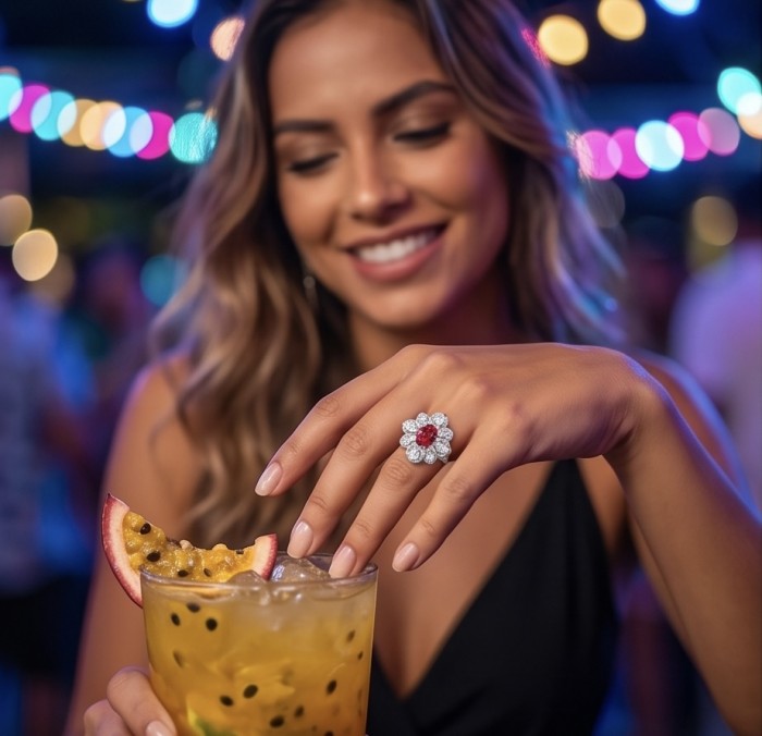Exquisite 8.5 ctw Mozambique Ruby .925 Sterling Silver handcrafted Statement Ring size 7 - Ruby ring worn on hand, focus on detail with cocktail in background.