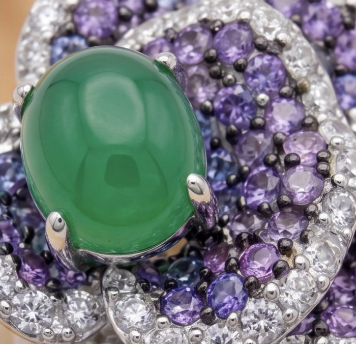 Isabella 4.9 carat Colombian Emerald 3.2 carat pave Amethyst .925 Sterling Silver dipped in Rhodium handcrafted Ring size 8 - Emerald and amethyst ring close-up, showcasing gemstone details