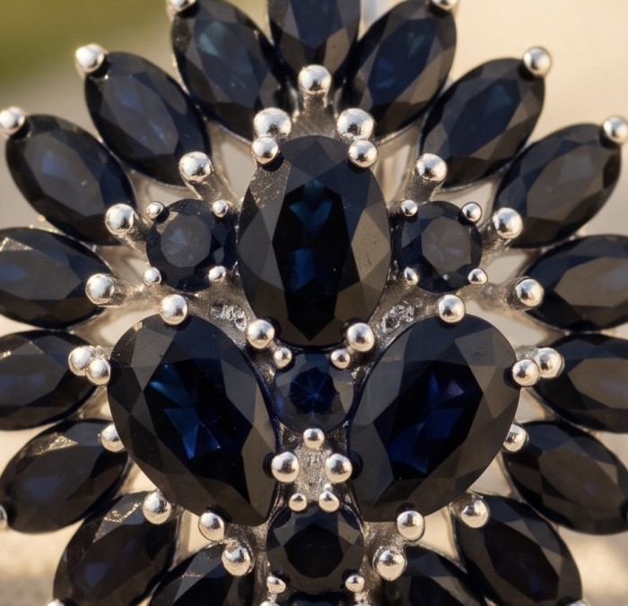 Giuseppina - Authentic 28.5 carat Sapphire rhodium over .925 Sterling Silver handcrafted Statement earrings - Close-up of Giuseppina sapphire jewelry with rhodium setting.