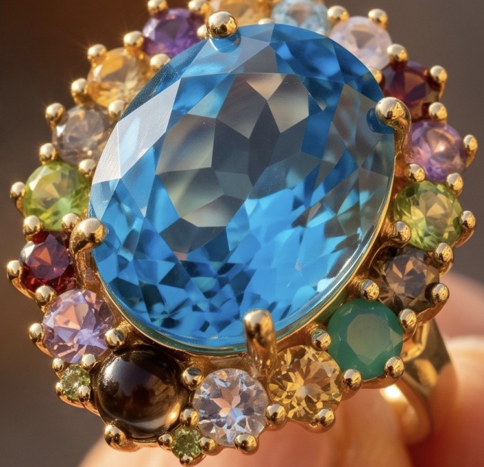 The Ocean Empress 55.8 carat Swiss Blue Topaz 22K Gold over .925 Sterling Silver dipped in rhodium handcrafted ring size 8 - Swiss Blue Topaz ring close-up with colorful gemstones in 22K gold setting.