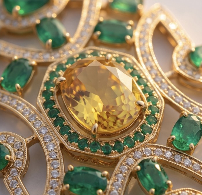 Art Deco - Pacifica - 29.4 carat Citrine Chrome Diopside .925 Sterling Silver handmade Statement necklace; 16 inches long - Close-up of Art Deco jewelry with citrine, chrome diopside, and diamonds.
