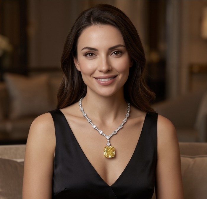 Iconic design - RARE BEAUTY - Valentina 108.2 carat asscher cut Yellow Sapphire .925 Sterling Silver dipped in rhodium Statement Necklace - Smiling woman wearing Rare Beauty necklace, front view.