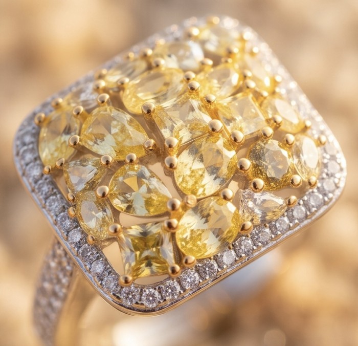 Costa del Sol Authentic 7.8 carat yellow Sapphire 18K Gold over .925 Sterling Silver handmade Ring s. 8 1/2 - Close-up of Costa del Sol 7.8ct yellow sapphire ring in 18K gold.