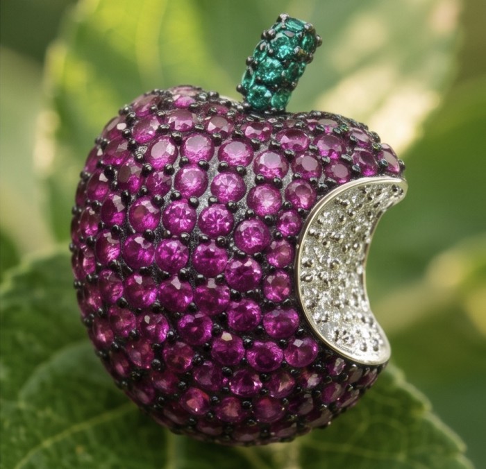 Apple - Authentic 5.5 CARAT natural pave Ruby .925 Sterling Silver dipped in rhodium handcrafted earrings - Close-up of ruby apple pendant with a bite, sterling silver and emerald stem.